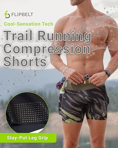 FlipBelt Men's Running Compression Shorts with Built-in Running Belt - color: Pinnacle Black Trail, size: X-Small