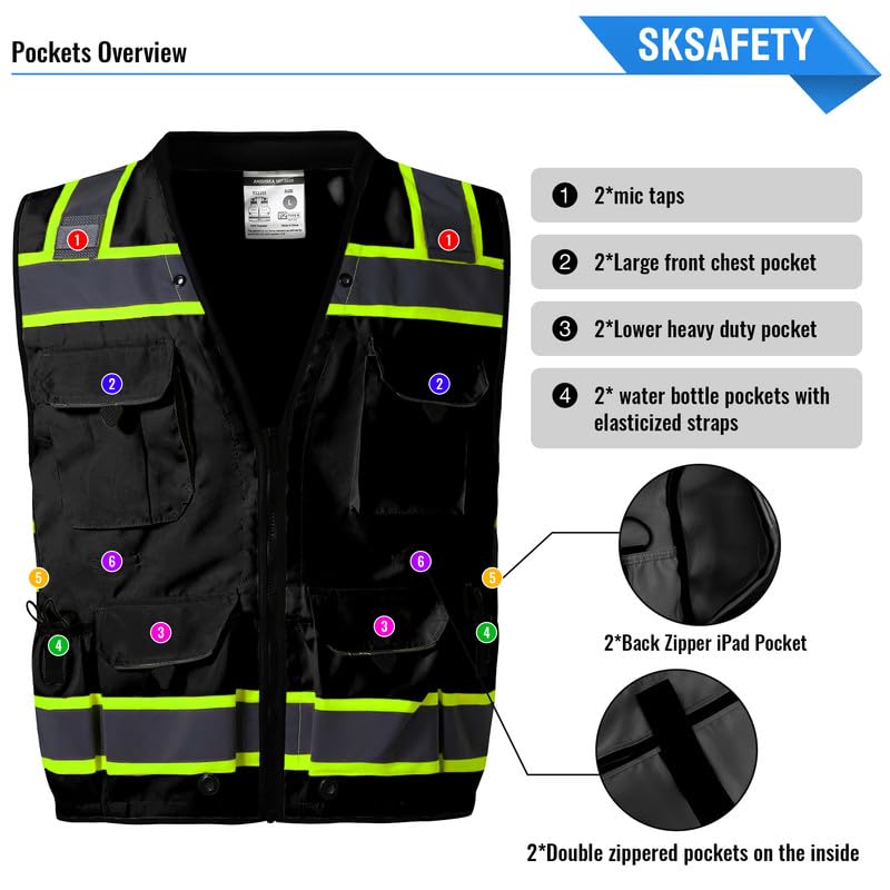 SKSAFETY 12 Pockets Professional level Safety Vest, Class 2 High Visibility Vest, ANSI/ISEA - color: Black, size: X-Large