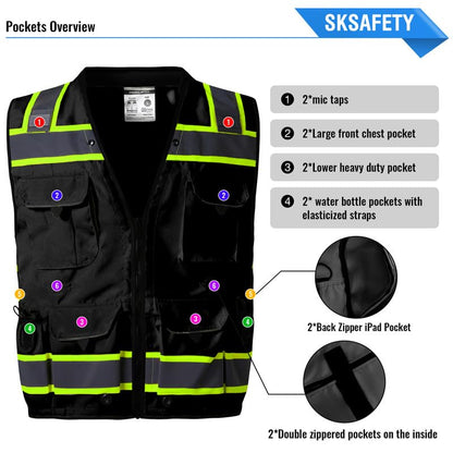 SKSAFETY 12 Pockets Professional level Safety Vest, Class 2 High Visibility Vest, ANSI/ISEA - color: Black, size: X-Large