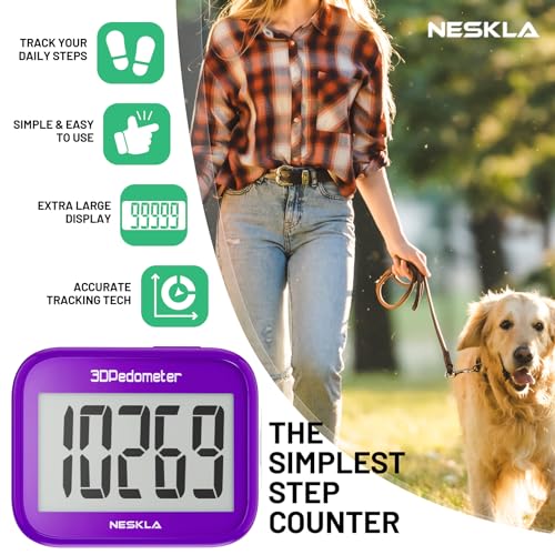 NESKLA 3D Pedometer, Simple Step Counter with Large LCD Display for Walking - color: Purple