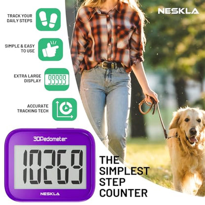 NESKLA 3D Pedometer, Simple Step Counter with Large LCD Display for Walking - color: Purple