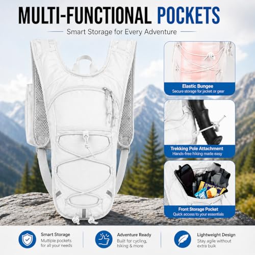 Lightweight Hydration Backpack 2L Water Bladder Pack for Running, Cycling, Hiking – Anti-Theft Water Backpack with Phone Holder, Trekking Pole Holder & Reflective Strips for Men & Women - color: White