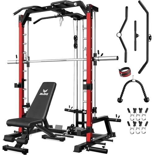 JELENS SR01 Smith Machine, 2000LBS Multi-Function Power Cage with LAT Pulldown System, All-in-One Home Gym Squat Rack with Smith Bar and Training Attachments for Full Body Workouts - color: Red, size: SR01 Home Gym Package