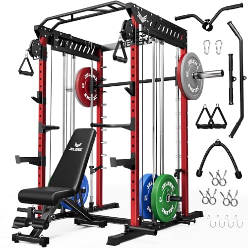 JELENS M21 Smith Machine, Multi-Function Power Cage with Dual Pulley Cable Crossover System, 2000LBS All-in-One Squat Rack with Smith Bar and Attachments - color: Red, size: 190LB Colored Weights Package