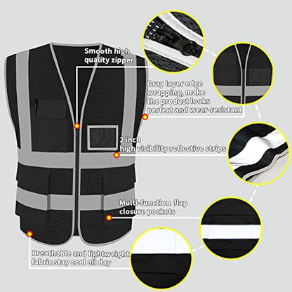 HYCOPROT High Visibility Mesh Safety Reflective Vest with Pockets and Zipper, Meets ANSI/ISEA Standards - color: Black, size: Small
