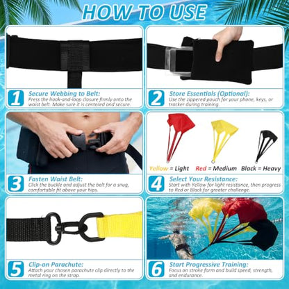 Foilswirl 4 Pcs Swimming Parachute Resistance Training Set Adjustable Swim Belt with Zippered Phone Pouch 3 Interchangeable Drag Parachute for Progressive Strength Endurance Speed Training