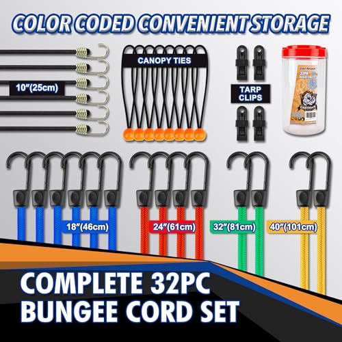 CARTMAN 32-Piece Bungee Cord Assortment with Hooks - size: 32PCS/Standard Hook