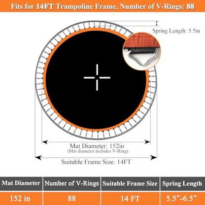 Trampoline Mat Replacement, Dia:152", Fits 14ft Frame, with 80/72/88 V-Rings for Choose and Spring Tool, Fits 5.5" Springs, Reinforce, UV-Resistant - size: 152" Diam | 88 V-Rings | Fits 5.5" SpringsLength