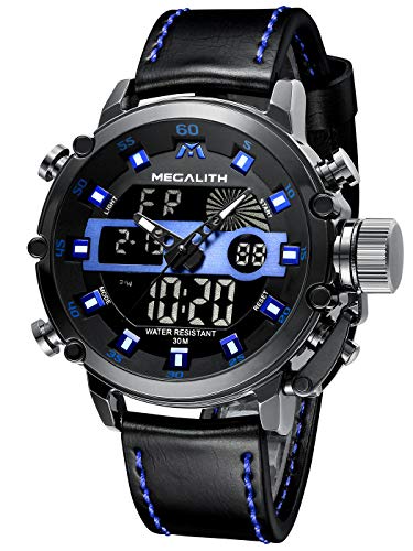 MEGALITH Mens Watches Waterproof Digital Military Sport Tactical Multifunction Heavy Duty Led Rugged Watch for Men, Alarm Stopwatch, Nylon/Leather Strap - color: 6-Black Blue