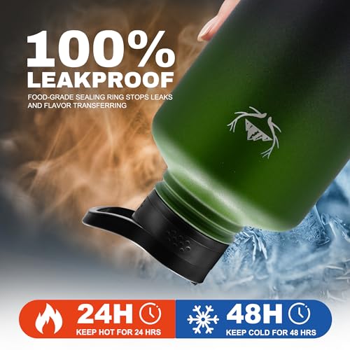 NATURE PIONEOR 64 oz Insulated Water Bottle with Carrier Bag & 3 Lids - color: Green Black, size: 64 Ounces