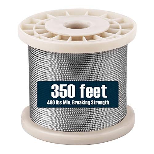 1/16 Stainless Steel Wire Rope 350 Foot Length, 7x7 Strand Core Aircraft Cable, 480 Lbs Breaking Strength, by HarborCraft