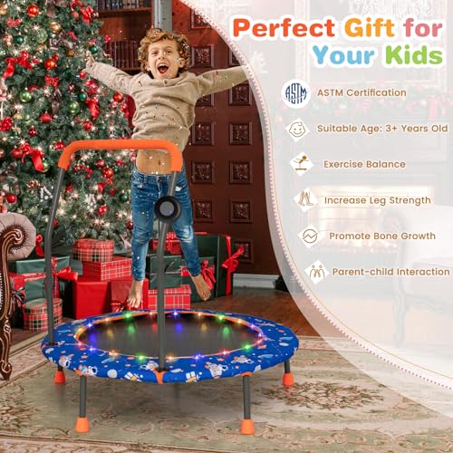 GYMAX Trampoline for Kids, 36” Toddler Mini Rebounder with Lights & Music, Removable Blue Tooth Speaker, Handle & Safety Pad, ASTM Approved Indoor Outdoor Small Kids Trampoline - style: Astronaut