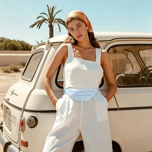 Blue Checkered Fanny Pack for Women Men Waist Bag with Adjustable Strap - color: Checkered-Light Blue