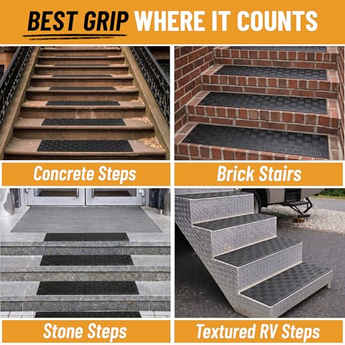 Ottomanson Outdoor Rubber Stair Treads – Ribbed Heavy-Duty Non-Slip Stair Mats – Best Grip on Concrete, Brick & Textured Step – Fastening Recommended for Wooden & RV Steps, Pack of 5 - color: Black Ribbed Squares