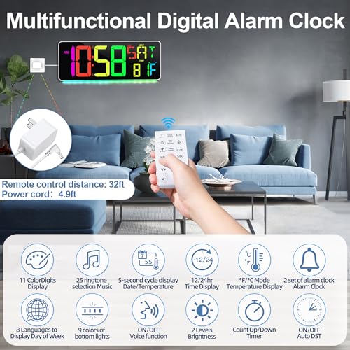 13.5"Large Digital Wall Clock Timer with Night Light 11 Colors Available - color: Yellow&rgb