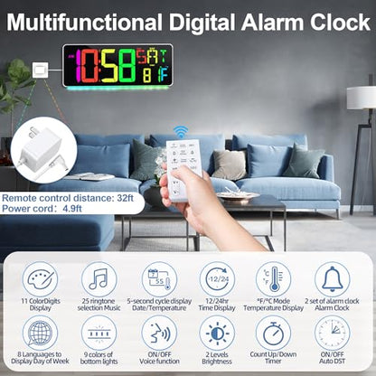 13.5"Large Digital Wall Clock Timer with Night Light 11 Colors Available - color: Yellow&rgb