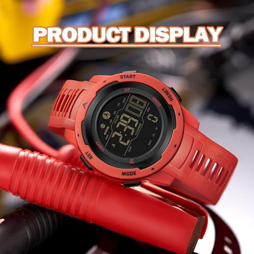 findtime Men's Digital Watch Waterproof Pedometer Watches Sport Watch Step Counter Calorie Military Watch with Stopwatch Alarm LED Backlight Countdown - color: red
