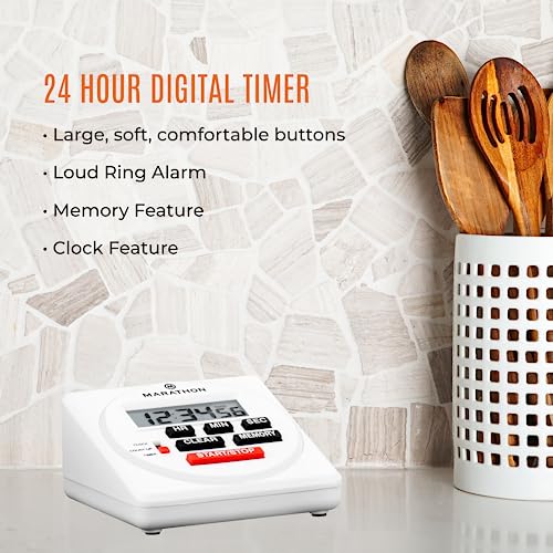 MARATHON 24-Hour Digital Timer, Large Display and Loud Ring Alarm, White