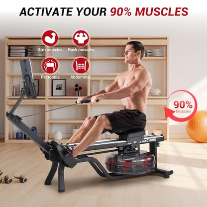 Dual Water Magnetic Rowing Machine for Home Can Foldable Save Space, Full-Body Low-Impact Workout, 380LB Weight Capacity with Digital Monitor, Ergonomic Seat, Tablet Holder ﻿ ﻿