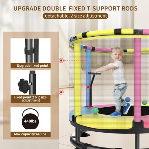 Trampoline for Kids, Full Anti-Rust 440lbs Anti-Rollover Round Bottom Toddler Trampoline, T-handrail Adjustable Baby Toddler Trampolines Dart Board - color: A3-Blue Yellow Pink, size: 60
