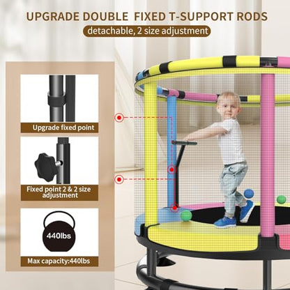 Trampoline for Kids, Full Anti-Rust 440lbs Anti-Rollover Round Bottom Toddler Trampoline, T-handrail Adjustable Baby Toddler Trampolines Dart Board - color: A3-Blue Yellow Pink, size: 60