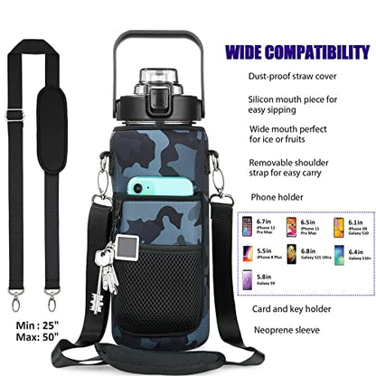 Half Gallon Water Bottle with Sleeve, 64OZ Motivational Water Bottle - color: Camouflage