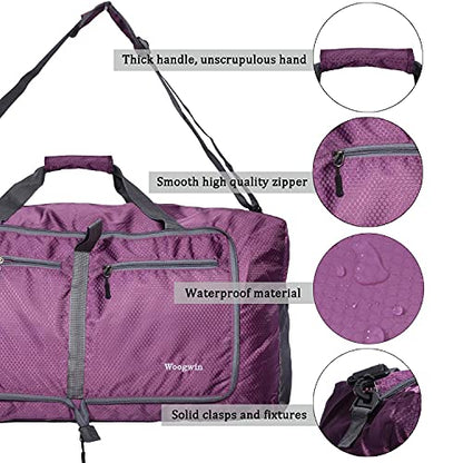 Woogwin Travel Duffel Bag Large Foldable Waterproof Overnight Bag for Beach Swim Bags Pool Sports Gym - color: 60L Purple