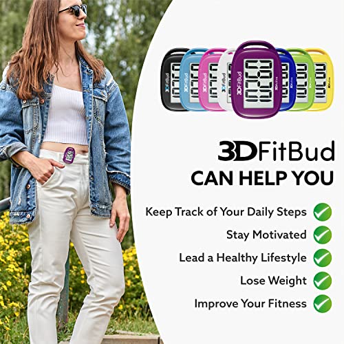 3DFitBud Simple Step Counter Walking 3D Pedometer by 3DActive with Clip, Lanyard Accurate Step Tracker Large Display, Easy to Use for Kids Men Women Adult Seniors Daily Step Tracking - A420S - color: Plum