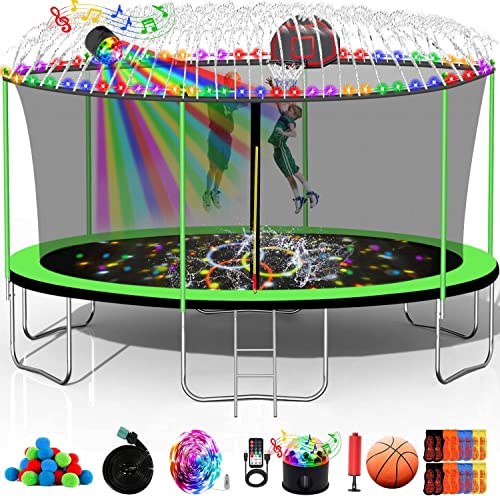 12FT 14FT 15FT 16FT Trampoline for Kids Adults, 1500 LBS Outdoor Trampolines with Basketball Hoop, Lights, Sprinkler, Enclosure, Ladder, Recreational Bounce Backyard Jumping for Kids Teens - color: Green with Lights/Speaker/Sprinkler, style: 12ft