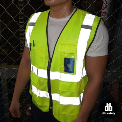 Dib Safety Hi Vis Reflective Safety Vest for Men Women with Pockets Zipper - color: Yellow, size: Large