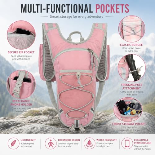 Lightweight Hydration Backpack 2L Water Bladder Pack for Running, Cycling, Hiking – Anti-Theft Water Backpack with Phone Holder, Trekking Pole Holder & Reflective Strips for Men & Women - color: Pink