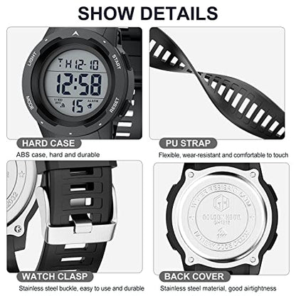 GOLDEN HOUR Mens Waterproof Digital Sport Watches Wide Screen Easy Read Display Military Style with Rubber Strap - color: black