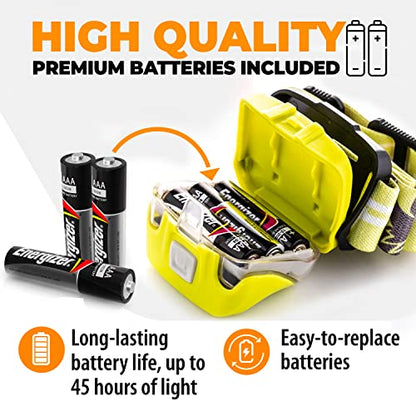 Foxelli LED Headlamp Flashlight for Adults & Kids, Running, Camping, Hiking Head Lamp with White & Red Light, Comfortable Headband, Lightweight & Waterproof, 3 AAA Batteries - color: 1-Pack Neon Yellow