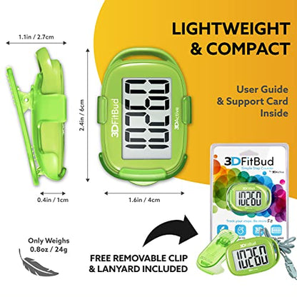 3DFitBud Simple Step Counter Walking 3D Pedometer by 3DActive with Clip, Lanyard Accurate Step Tracker Large Display, Easy to Use for Kids Men Women Adult Seniors Daily Step Tracking - A420S - color: Green