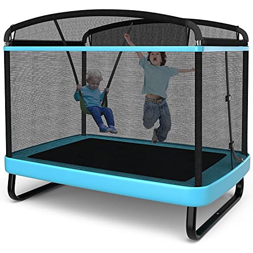 Giantex 6 FT Trampoline for Kids with Swing, Toddler Trampolines with Safety Enclosure Net, ASTM Approved, Rectangle Indoor & Outdoor Mini Kids Trampoline - color: Blue, size: 49"D x 75"W x 63"H