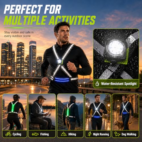 500LM Running Lights for Runners,7+8 Front & Back Light Modes & 360° Reflective Running Vest with Light Up Zip Waist Bag,IPX4 Waterproof High Visibility Rechargeable Gear for Night Walking/Cycling - color: green