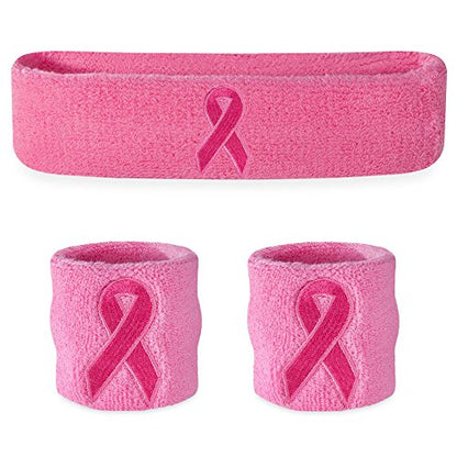 Suddora Sweatbands Set, Moisture Wicking 2 Wristbands and 1 Headband, Breathable Terry Cloth Athletic Bands for Basketball, Tennis, Yoga, Gym, Sweat Bands for Costumes and Cosplay - color: Pink Ribbon