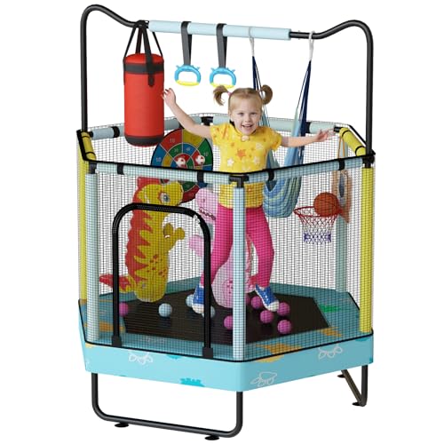 Lamerge Kids Trampoline, Indoor Trampoline Approved by ASTM, Safety Enclosure Net and Adjustable Handrail, 1-8 Children, 500lbs Capacity, 7-in-1, 60" - color: Blue-Dinosaurs, size: Hexagon