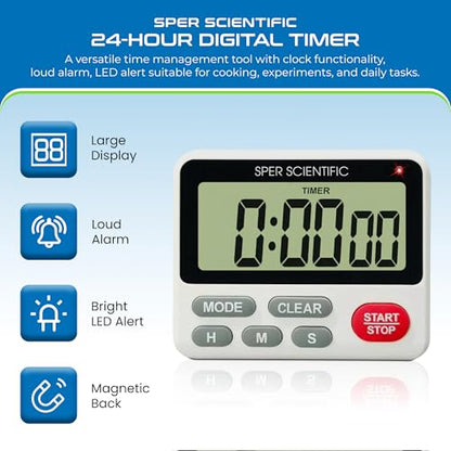 Sper Scientific 24-Hour Digital Lab + Kitchen Timer with LED Light 810001 - Precision Countdown Timer with Large Display, Loud Alarm & Clock Mode - for Cooking, Lab Experiments & More - 2 pc - size: 2 Pack
