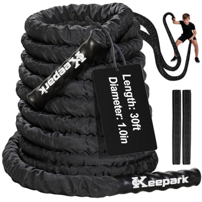 Battle Rope for Home Gym – 1 Inch 30FT Heavy Exercise Rope with Wear-Resistant Nylon Sleeve & Anchor Strap - size: 1.0 Inch x 30FT
