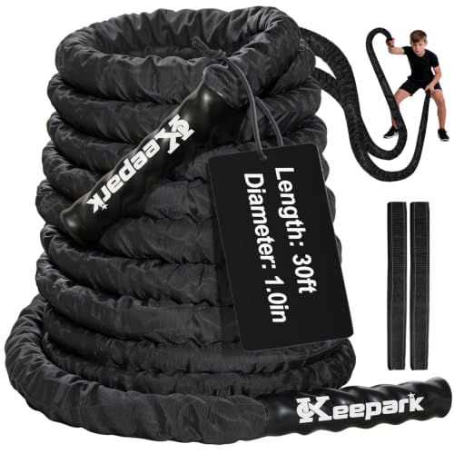 Battle Rope for Home Gym – 1 Inch 30FT Heavy Exercise Rope with Wear-Resistant Nylon Sleeve & Anchor Strap - size: 1.0 Inch x 30FT