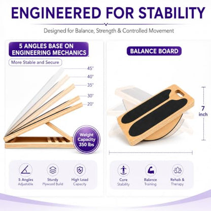 2-in-1 Slant Board & Wobble Balance Board, Adjustable Calf Stretcher with Non-Slip Base, Carry Handle, Felt Lining & Sealed Edges for Calf Stretch, Ankle Rehab & Core Balance Training