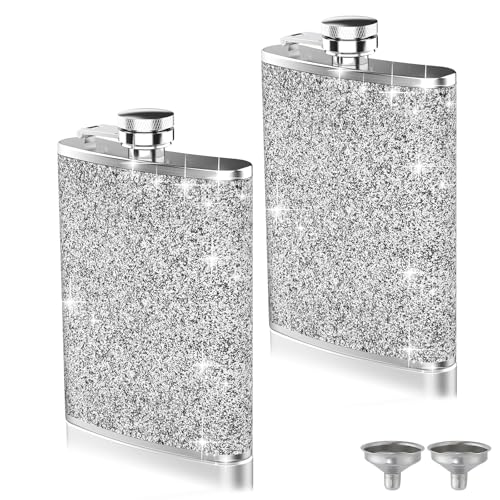 2-Pack 8 Oz Bling Hip Flasks for Liquor, Hianjoo Leakproof Stainless Steel Flasks with Funnel Pocket Flask for Women, Portable Metal Flask for Camping Outdoor Activity Wedding Party Gift, Silver - color: Silver