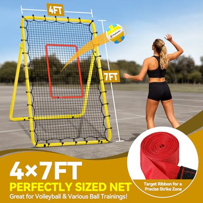 6 Adjustable AnglesVolleyball Rebounder Net 7x4 FT Bounce Back Trainer - color: Yellow