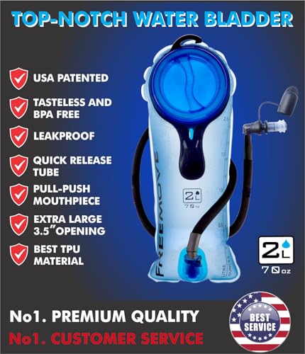 FREEMOVE Hydration Bladder 2L / 3L Water Bladder for Hiking Backpack >Blue or Green< Leak Proof Hydration Pack, Tasteless & BPA Free, TPU Water Reservoir, Quick Release Insulated Tube & Shutoff Valve