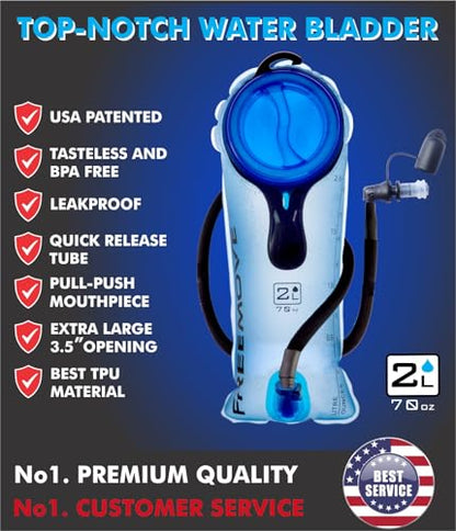 FREEMOVE Hydration Bladder 2L / 3L Water Bladder for Hiking Backpack >Blue or Green< Leak Proof Hydration Pack, Tasteless & BPA Free, TPU Water Reservoir, Quick Release Insulated Tube & Shutoff Valve