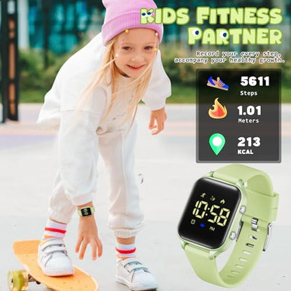 Kids Digital Watches for Boys Girls, Sports Watch with Fitness Tracker, Pedometer, Alarm Clocks, Stopwatch, No App Needed Waterproof Kids Watch, Gift for Teens Student Girls Boys Ages 5-14 - color: L6615E-GrayishGreen