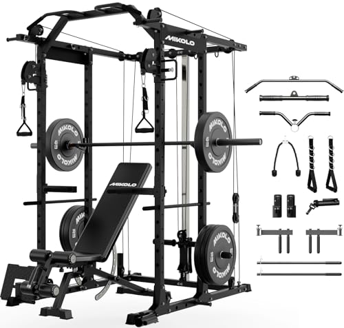 Mikolo Power Cage, Power Rack with Cable Crossover System, 1500LBS Squat Rack with LAT Pull Down System, Workout Cage with Pulley System for Fitness Home Gym - color: Black, style: Package with BP 230LB