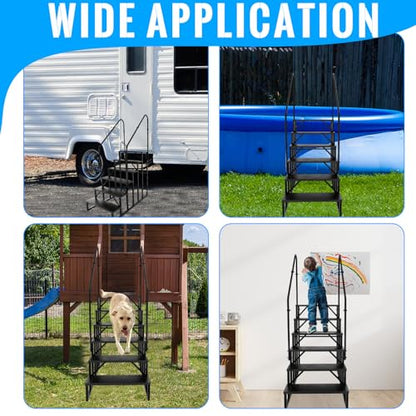 6 Step RV Stairs with 2 Handrails, 660LBS Heavy Duty Anti‑Slip Metal Steps, Detachable Outdoor Stairs for Hot Tub, 5th Wheel, Pool, Mobile Home, Porch, Pet Steps - size: 6 Step-2