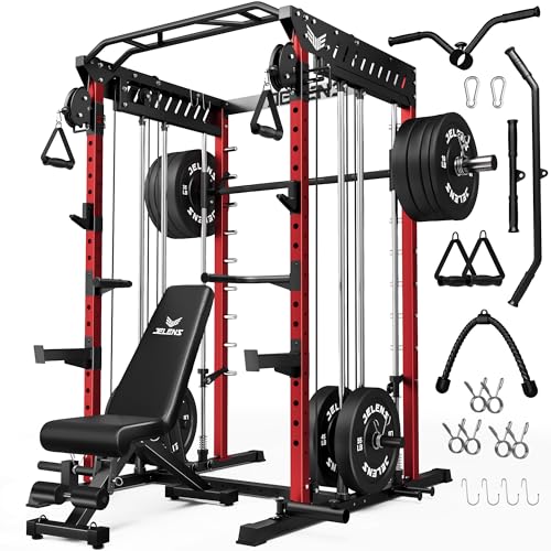 JELENS M21 Smith Machine, Multi-Function Power Cage with Dual Pulley Cable Crossover System, 2000LBS All-in-One Squat Rack with Smith Bar and Attachments - color: Red, size: 370LB Black Weights Package